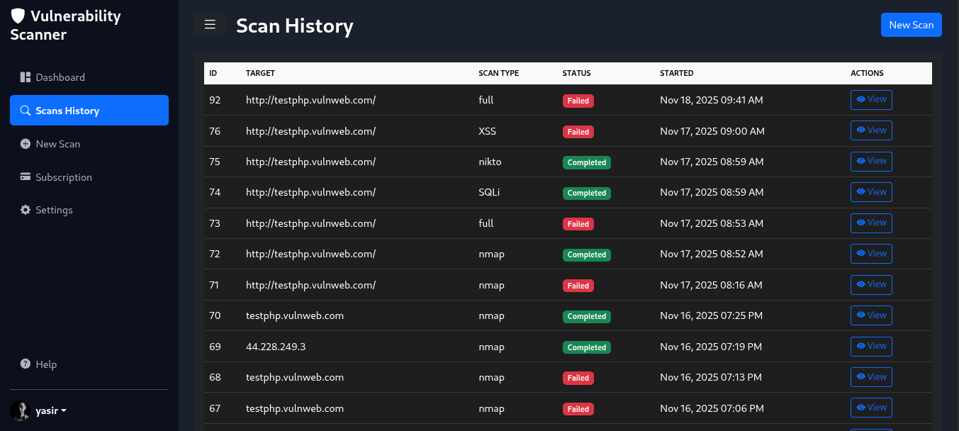 Scan History and Tracking Page Screenshot